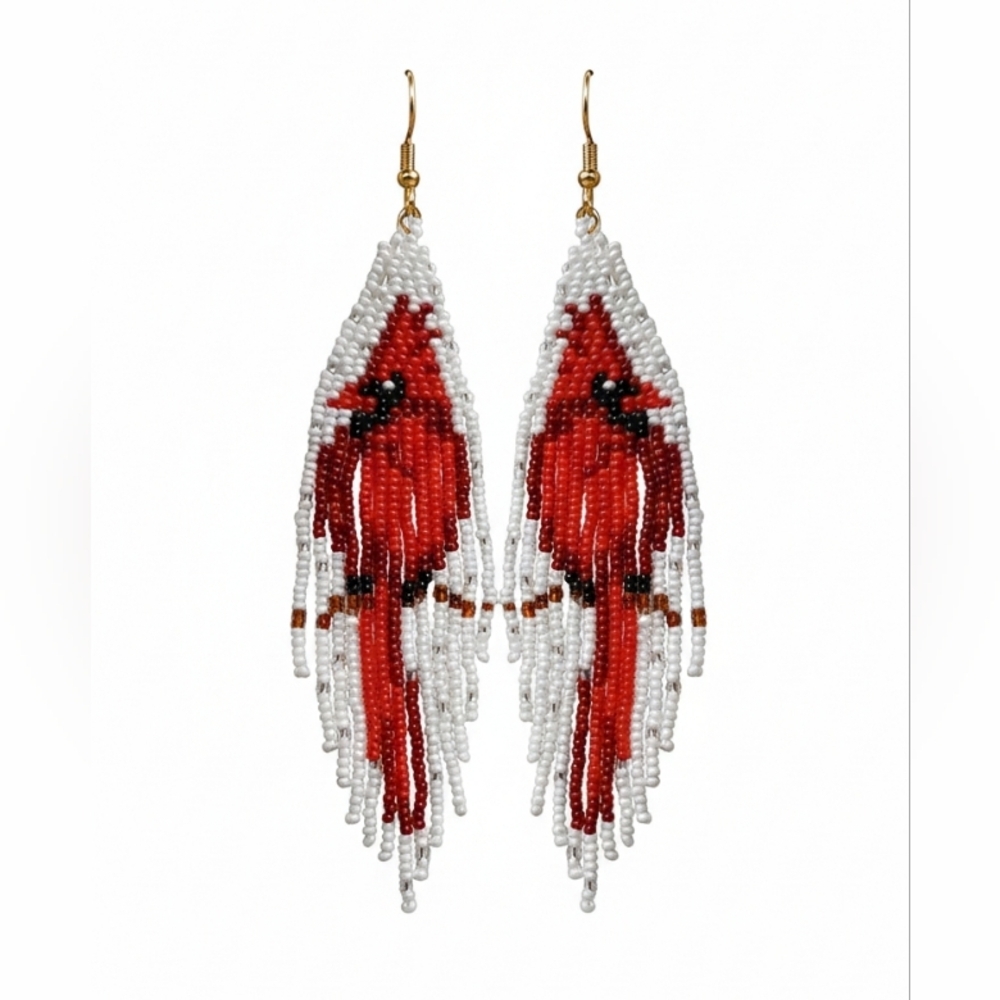 🆕️ Hand Beaded Red Cardinal Earrings